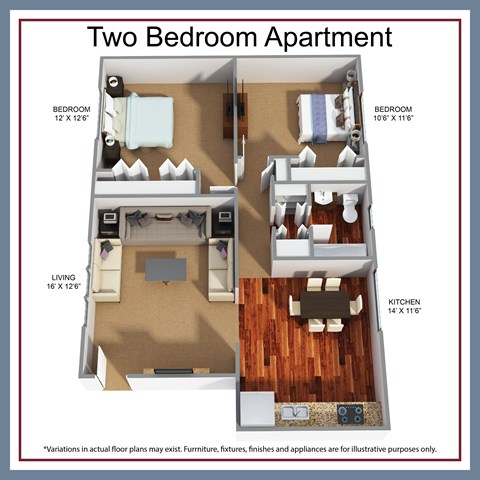 Floor plan for 2 beds, 1 bath, 820 sqft